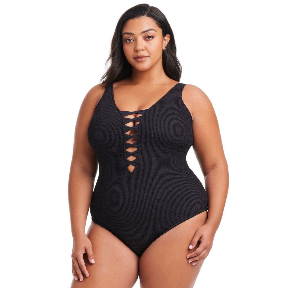 Bleu Rod Beattie Plus Size Pucker Up Lace Down Ribbed Swimsuit Size 18W NWT $135 - Picture 1 of 8